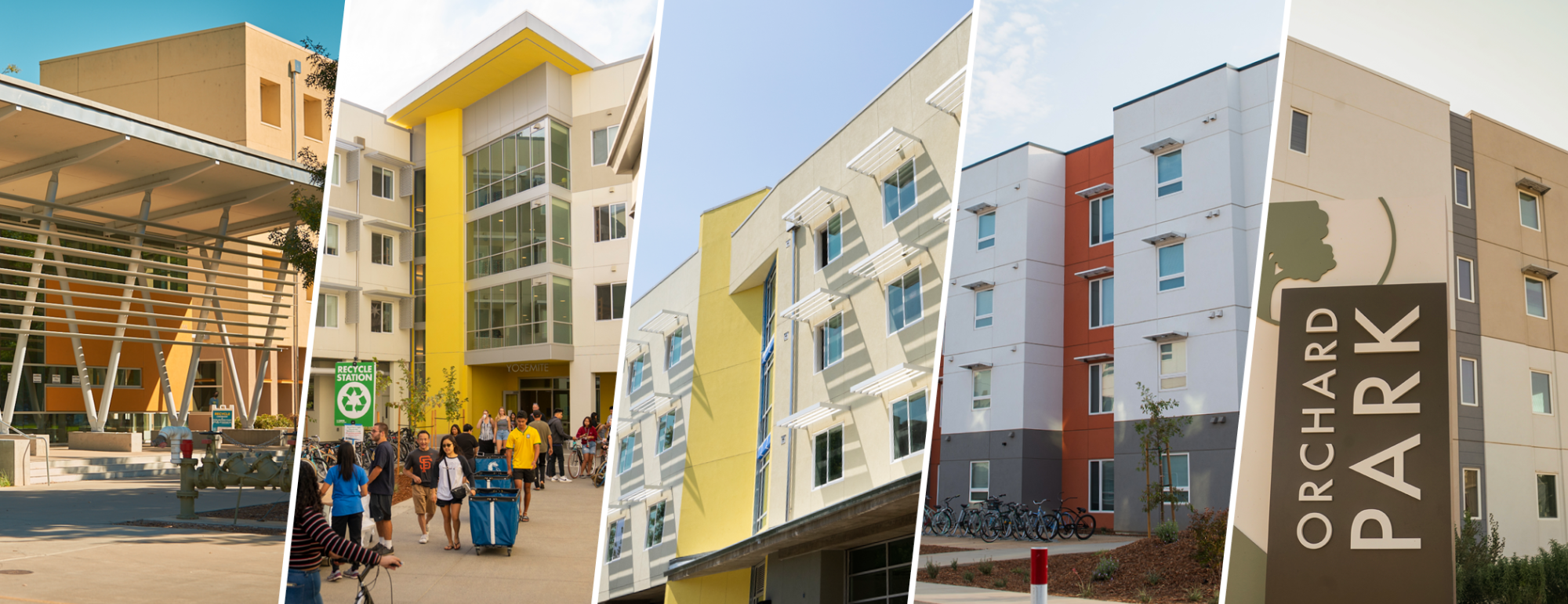 Collage of five on-campus housing buildings