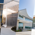 Collage of the Mondavi Center, the Manetti Shrem Museum, Edwards Family Athletic Center and Diane Bryant Engineering Student Design Center